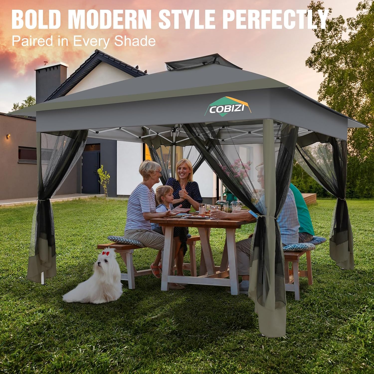 COBIZI 13x13 Pop Up Canopy Tent-Gazebos On Clearance Upgrade Metal Outdoor Canopy Waterproof - Portable Gazebo with Mosquito Nettings, 4 Ropes 8 Stakes and Carry Bag for Patio Garden(Gray)