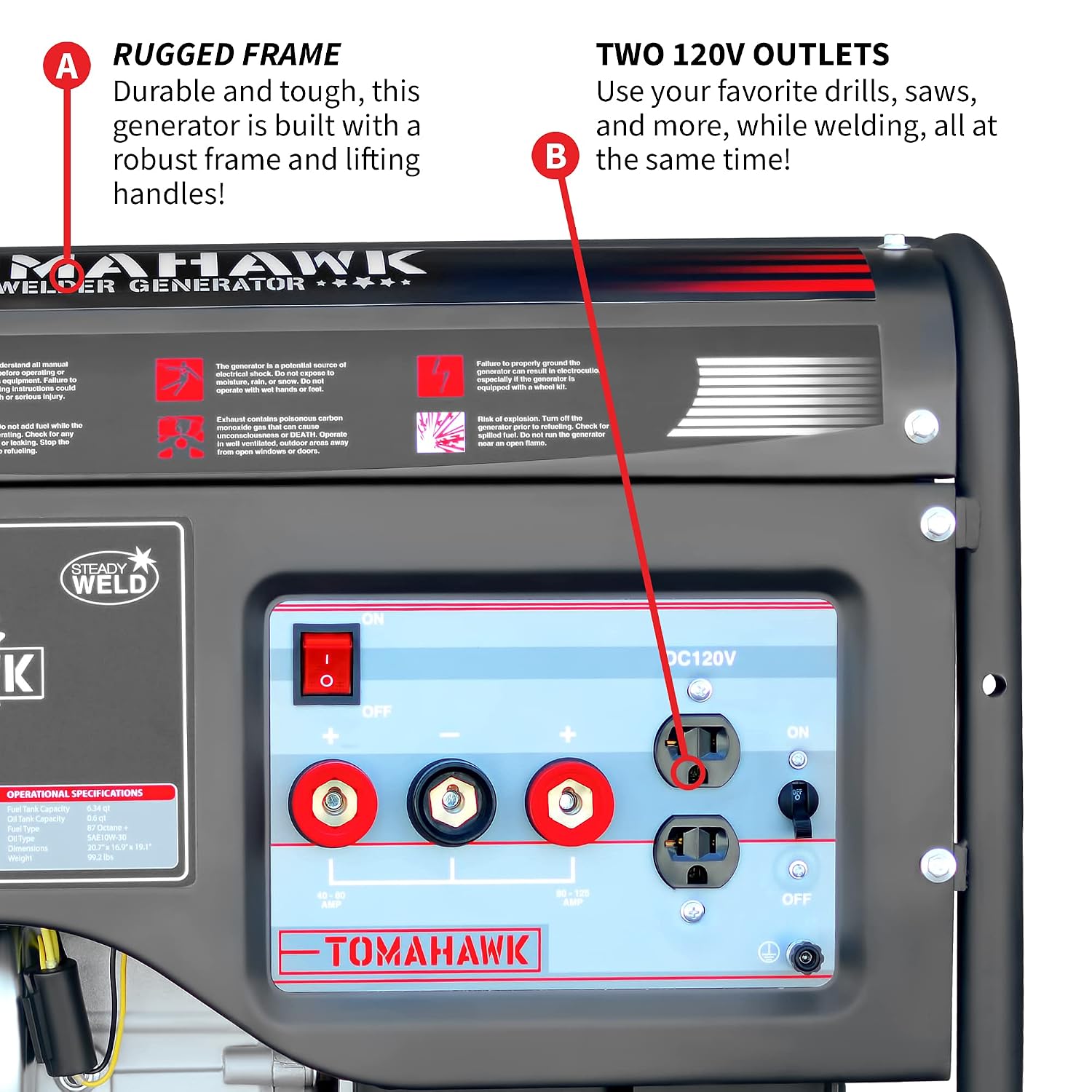 TOMAHAWK Welder Generator Stick Welder Engine Driven 120 Amp 7 HP Gasoline Portable 2,200 Watt Quiet Inverter Generator Engine