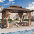YOLENY 10' x 12' Gazebo Hardtop with Aluminum Frame,Galvanized Steel Double Roof Gazebos with Curtain and Netting,Outdoor Metal Pergolas for Garden, Lawn, Deck, Brown