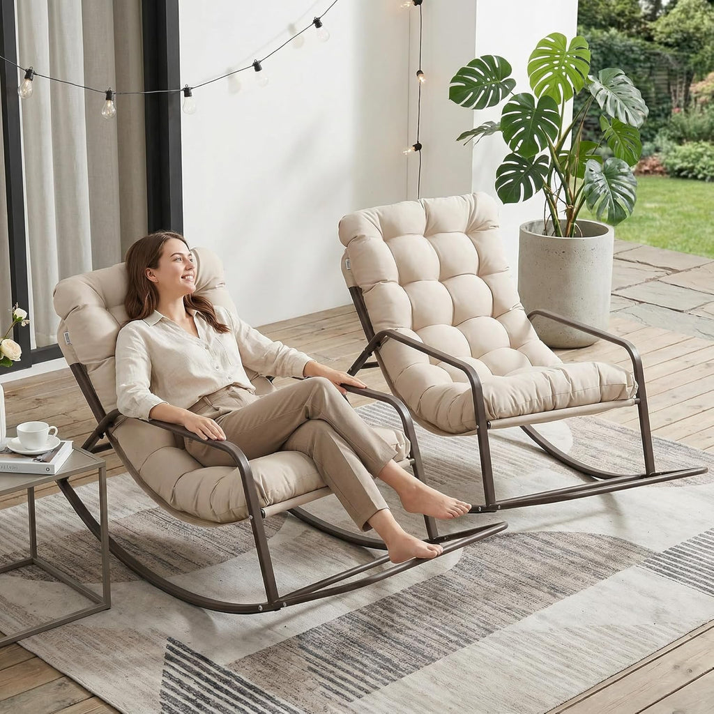 RADIATA 2pcs Rocking Lounge Chair, Indoor Outdoor Reclining Lounger with Footrest & Cushion, 450lbs Weight Capacity, Comfortable Rocker for Relaxation, Reading and Napping (Beige)