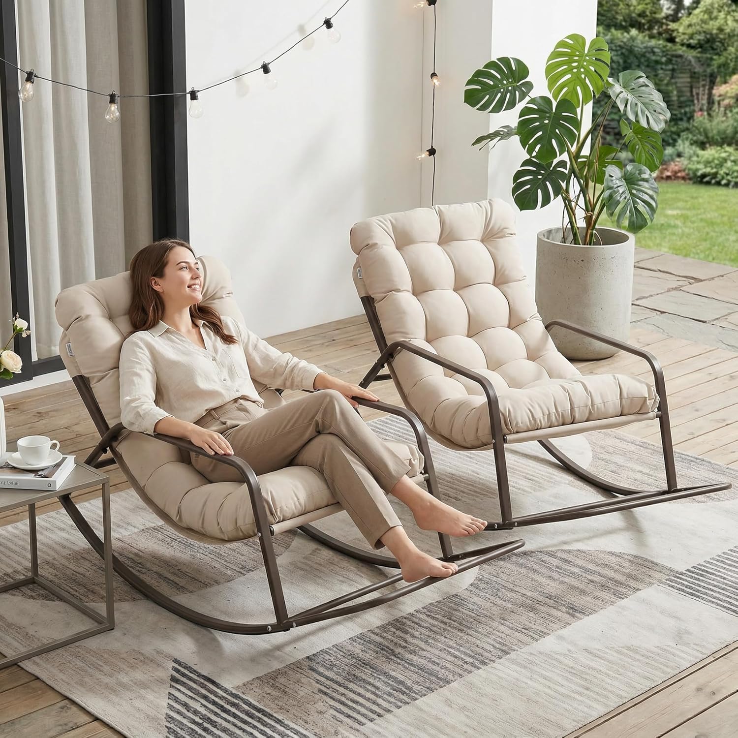 RADIATA 2pcs Rocking Lounge Chair, Indoor Outdoor Reclining Lounger with Footrest & Cushion, 450lbs Weight Capacity, Comfortable Rocker for Relaxation, Reading and Napping (Beige)