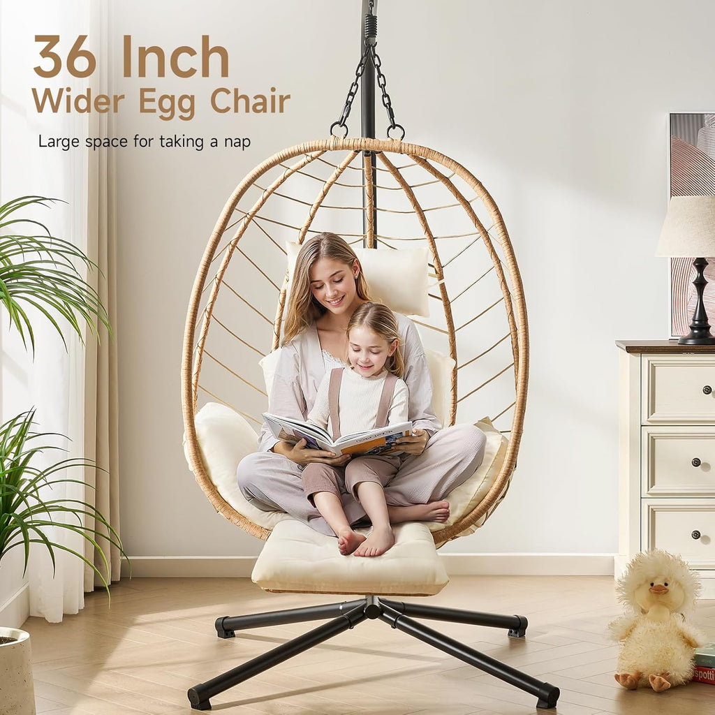 ONBRILL Hanging Egg Chair with Adjustable Footrest & Stand, Wicker Rattan Swing Hammock Chair with Cushion & Double Chains, 350LBS Capacity for Outdoor & Indoor Patio, Deck, Bedroom, Balcony (YE-BE)