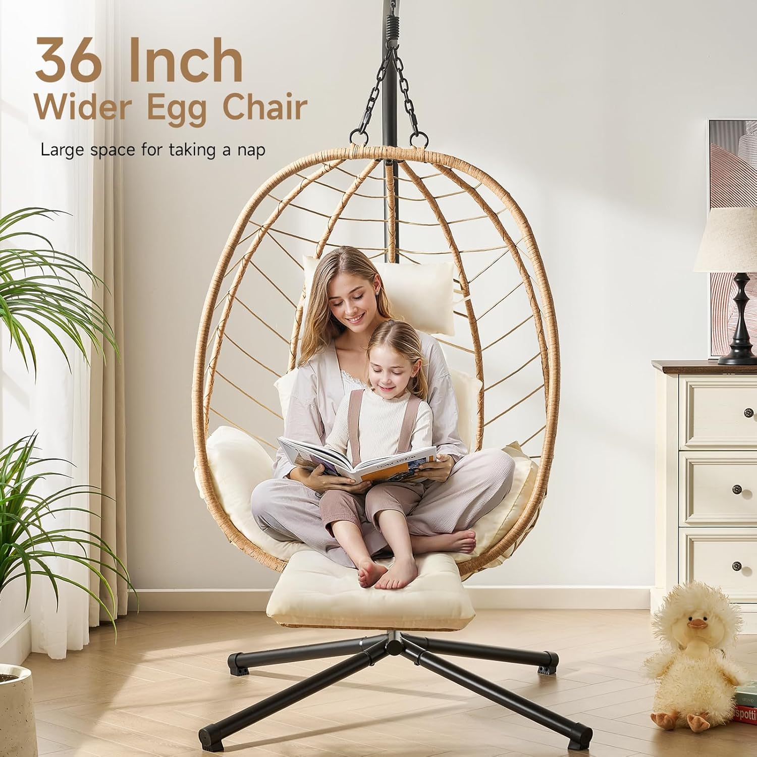 ONBRILL Hanging Egg Chair with Adjustable Footrest & Stand, Wicker Rattan Swing Hammock Chair with Cushion & Double Chains, 350LBS Capacity for Outdoor & Indoor Patio, Deck, Bedroom, Balcony (YE-BE)