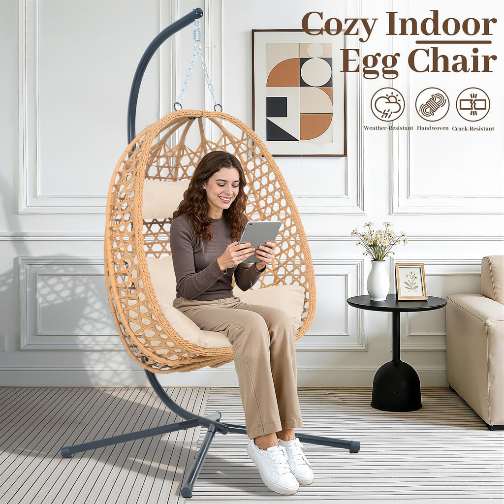 Hanging Egg Chair with Stand & Cushions - All-Weather Rattan Swing Chair for Patio, Balcony, Garden (Modern Boho Design, Ready-to-Use Indoor Outdoor)-Natural Wood