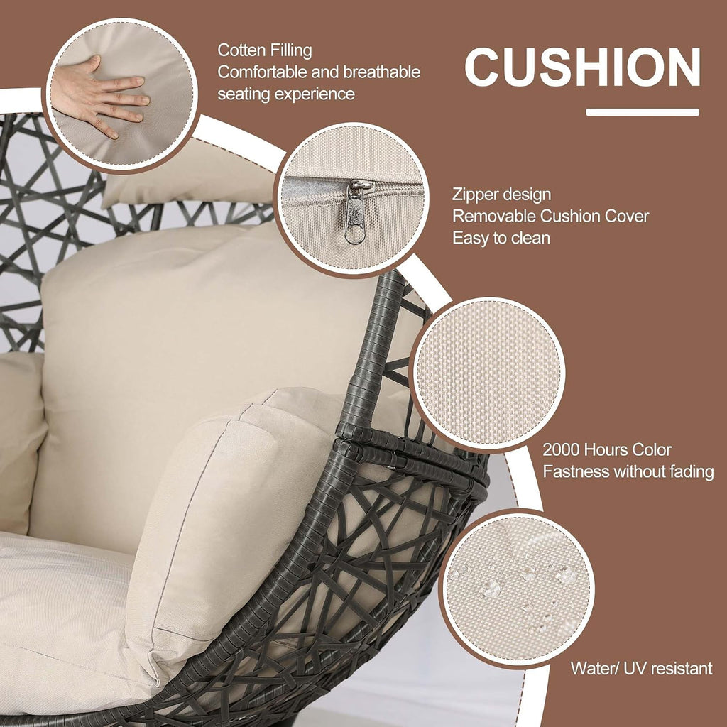 NICESOUL Bird Cage Swing Egg Chair, UV/Water-Resistant 450lbs Capacity Wicker Swinging Chairs with Stand, Comfy Oversized Hanging Seat w/Cushion, Metal Frame & Cover for Indoor Outdoor, Grey & Beige