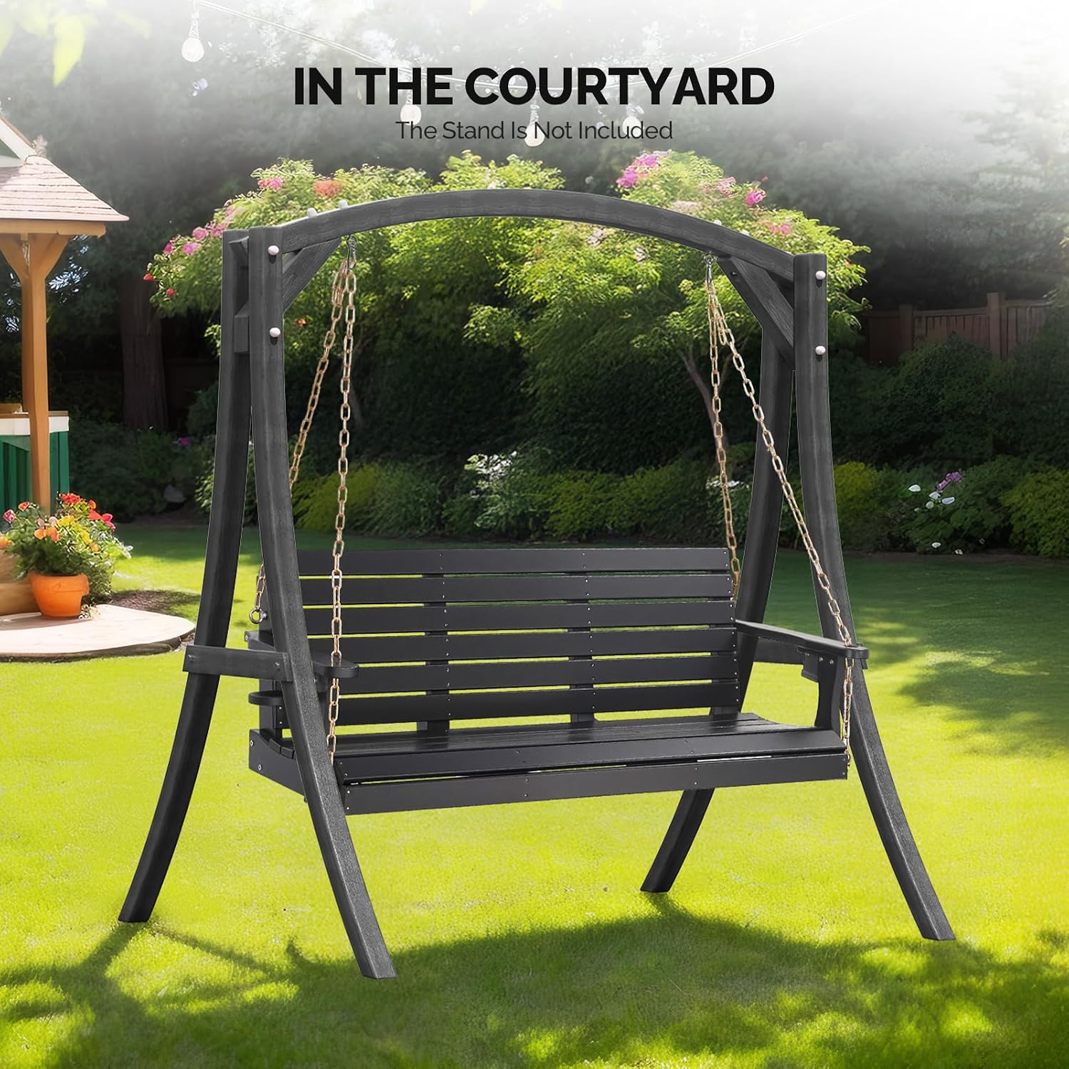 VINGLI Heavy Duty 1600 LBS HDPE Porch Swing Outdoor with Rotatable Cup Holder, 5 FT Patio Bench Swing with Adjustable Chains, 3 Person Hanging Porch Swing Chair for Porch, Yard, Tree, Garden - Black