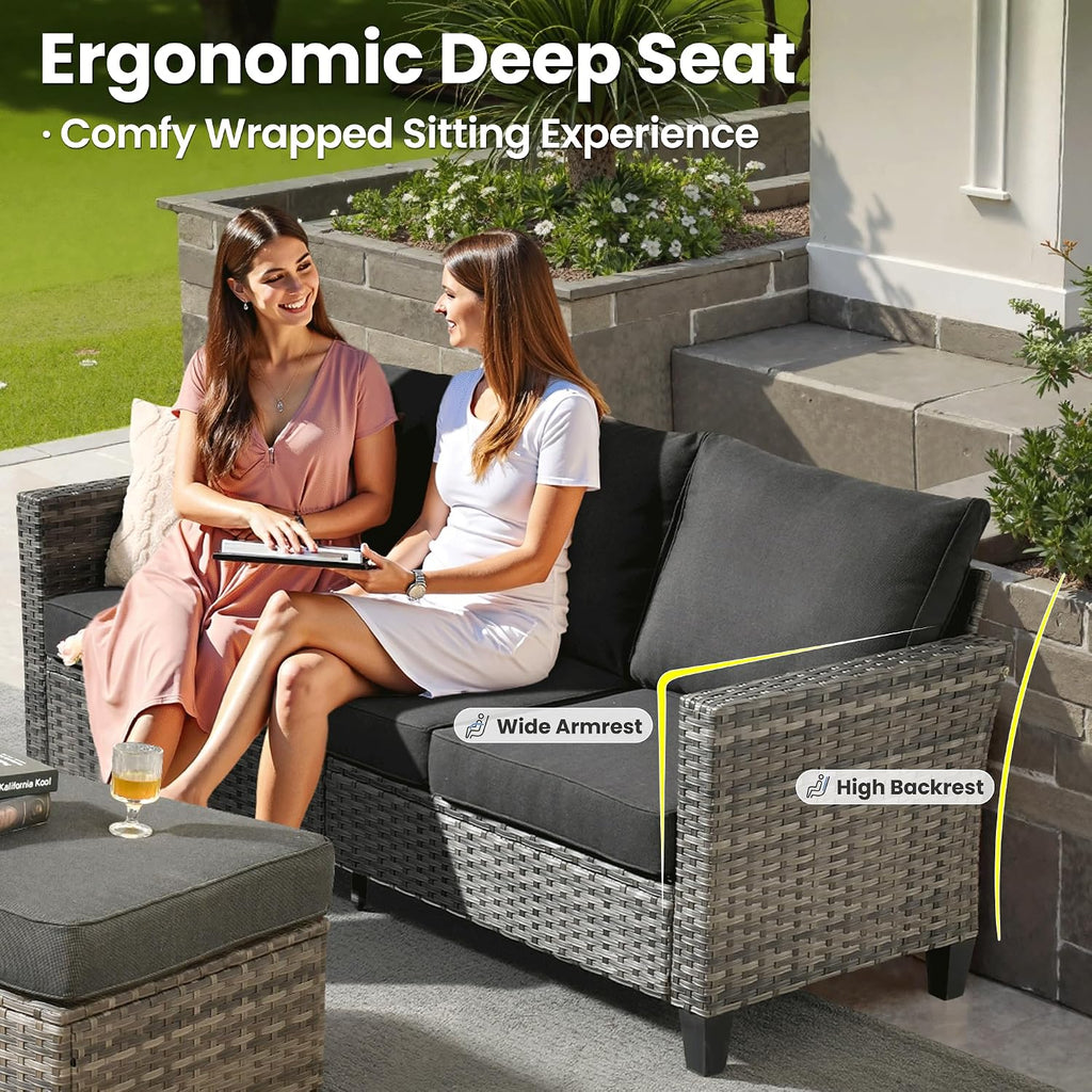 ovios 7-Pieces Patio Furniture Set, Outdoor Wicker Sofa Couch with Swivel Glider Chairs Glass Table Comfy Cushions Modern Conversation Set for Backyard Porch, Black