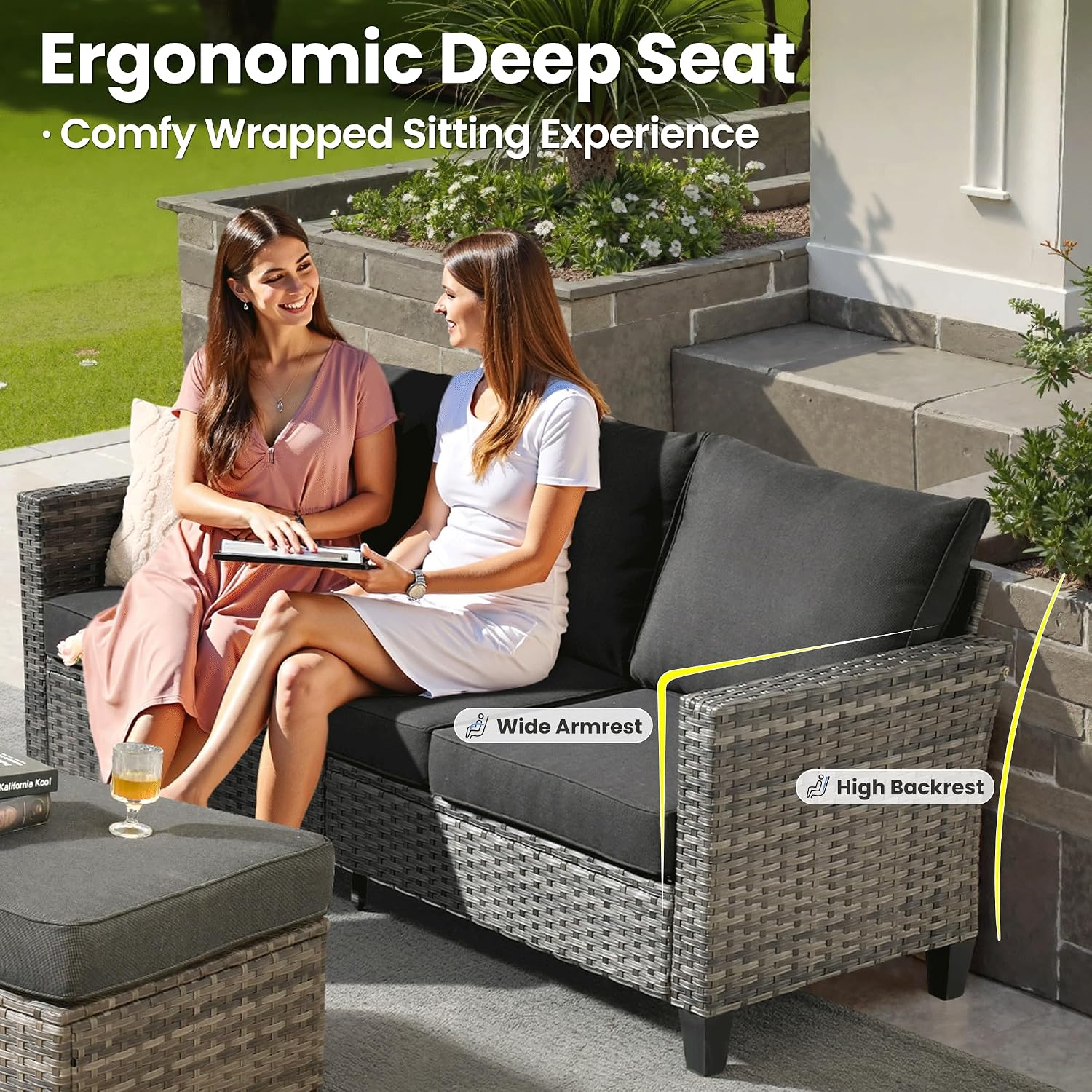 ovios 7-Pieces Patio Furniture Set, Outdoor Wicker Sofa Couch with Swivel Glider Chairs Glass Table Comfy Cushions Modern Conversation Set for Backyard Porch, Black