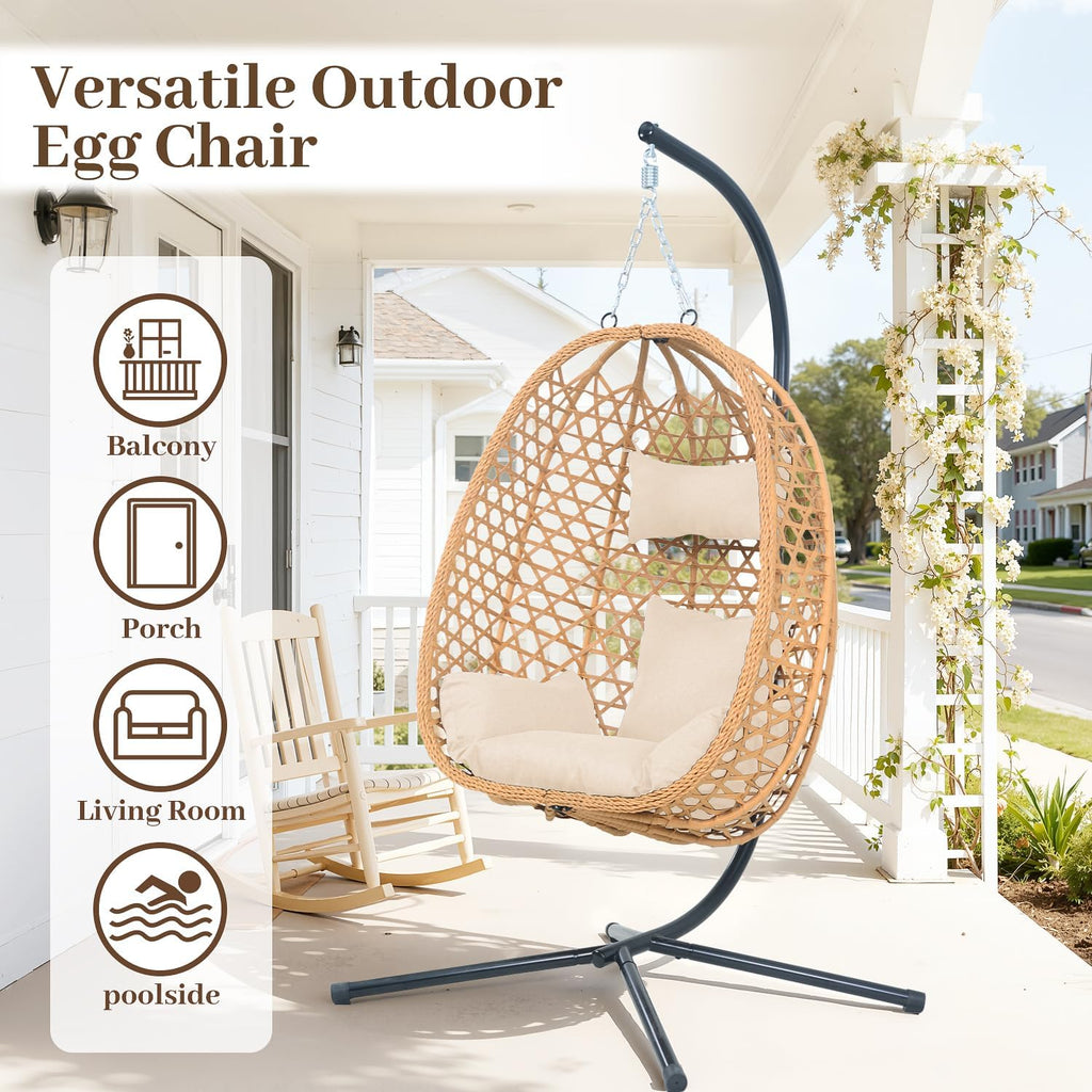 Hanging Egg Chair with Stand & Cushions - All-Weather Rattan Swing Chair for Patio, Balcony, Garden (Modern Boho Design, Ready-to-Use Indoor Outdoor)-Natural Wood