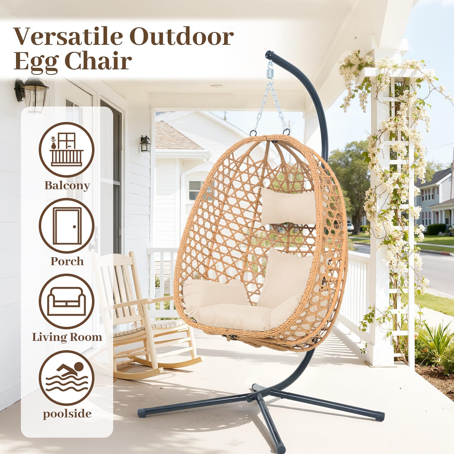 Hanging Egg Chair with Stand & Cushions - All-Weather Rattan Swing Chair for Patio, Balcony, Garden (Modern Boho Design, Ready-to-Use Indoor Outdoor)-Natural Wood
