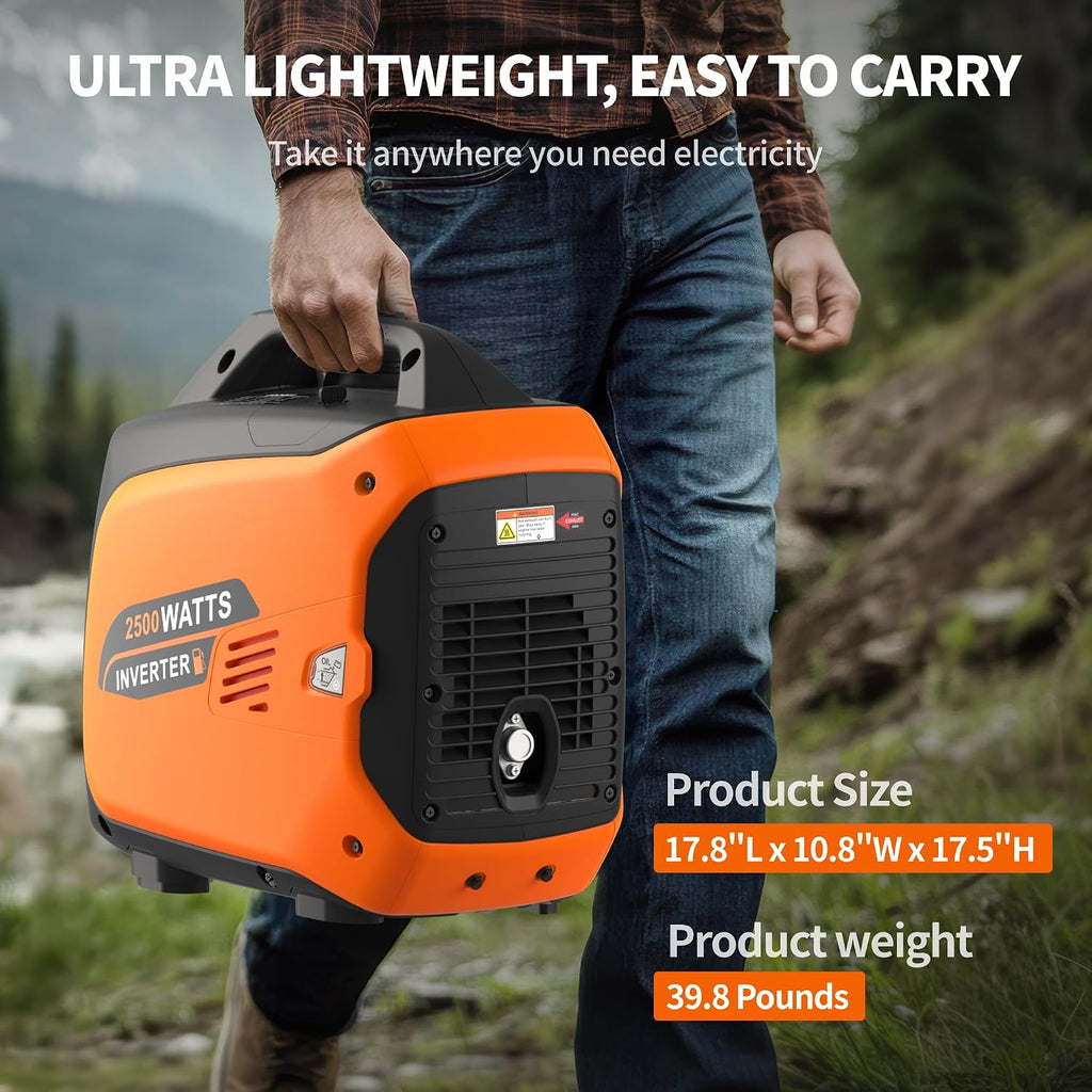 2500 Watt Portable Inverter Generator, Ultra-Quiet Long Runtime Gas Generator with CO-Sensor Fuel Off, Parallel function, for Camping, Tailgating, Home Emergency Use, EPA Compliant (Orange)