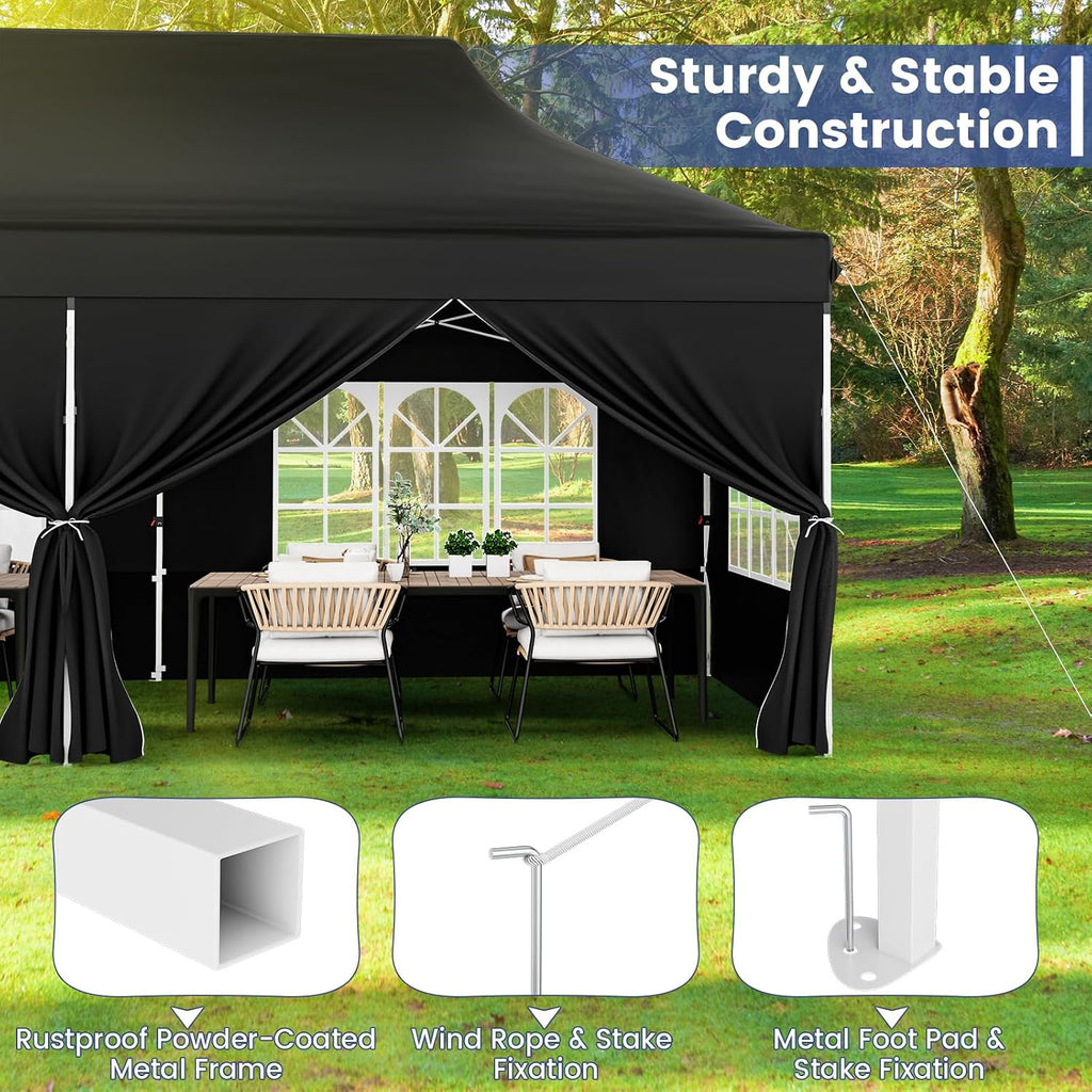 HAPPYGRILL 10x20FT Pop-up Canopy with Detachable Sidewalls, Instant Canopy Tent with Carrying Bag, UPF50+ Sun Protection, Easy Setup Gazebo for Outdoor Party Wedding, Black
