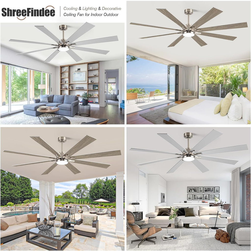 72 Inch Outdoor Ceiling Fan for Patio with Lights, Large Silver Industrial DC Motor Ceiling Fan with Light, Damp Rated Indoor or Covered Outdoor Ceiling Fans for Living Room Sunroom Porch Patio
