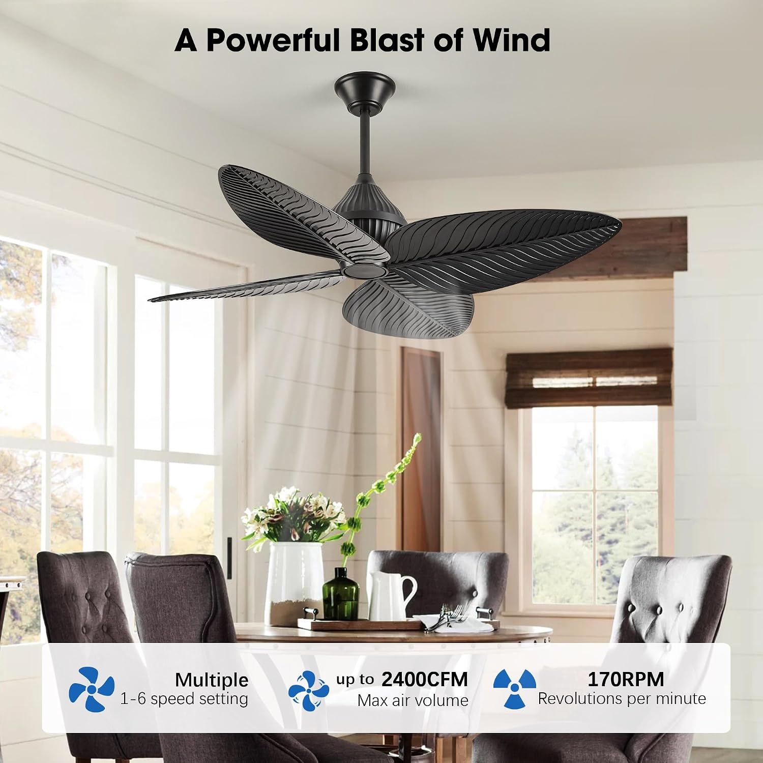 52' Black Tropical Ceiling Fans, Flush Mount Palm Leaf Ceiling Fan no Light, Indoor Ceiling Fans Without Light for Living Room Bedroom Kitchen Covered Gazebo, APP and Remote Control