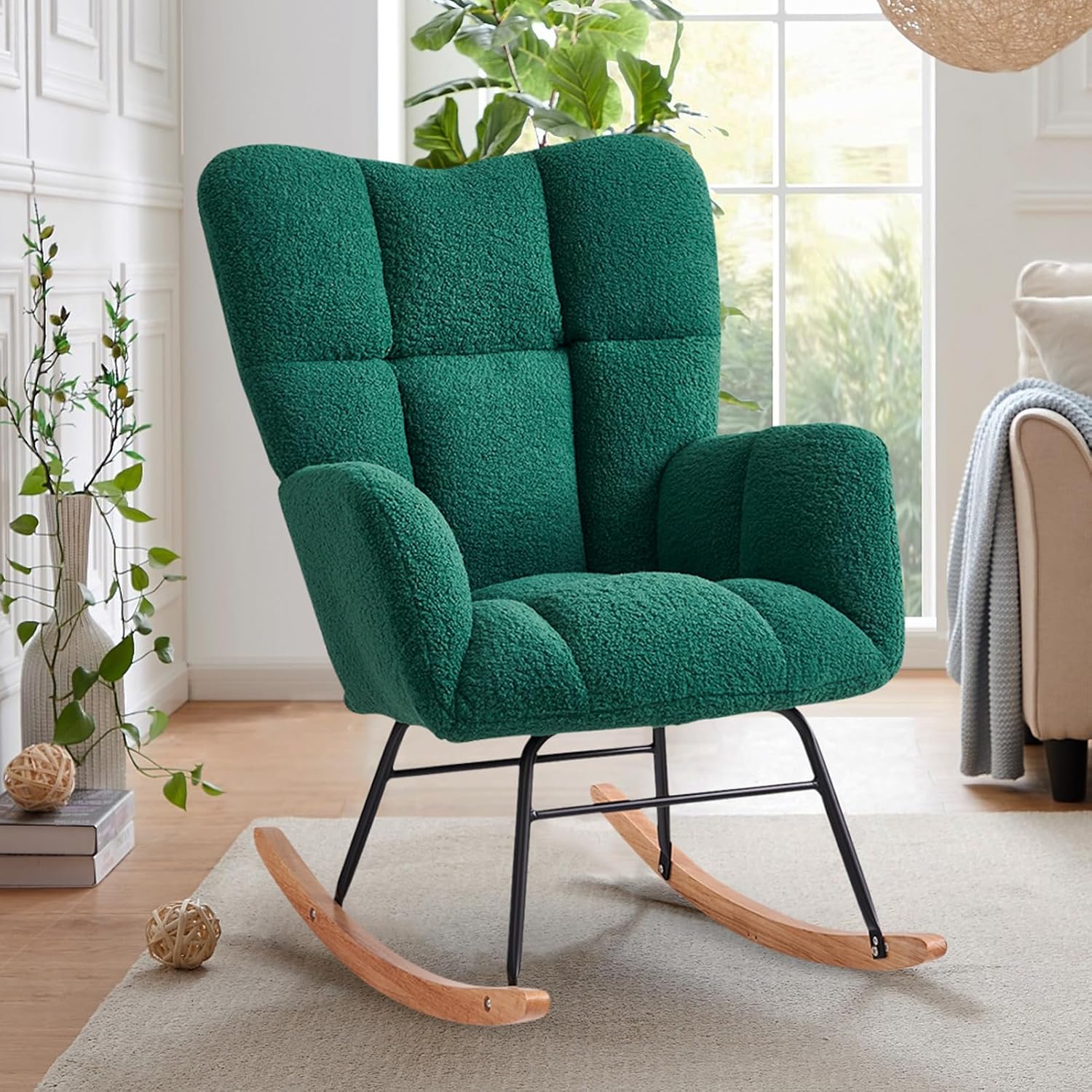 Rocking Chair Nursery, High Backrest Teddy Glider Rocker Upholstered Rocker Recliner Modern Rocking Accent Chairs for Bedroom, Living Room, Offices (Green)