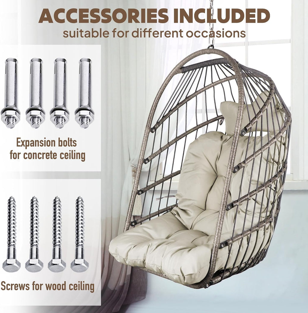 Chihee Egg Chair Foldable Wicker Rattan Hanging Swing Chair Indoor Outdoor Patio Wicker Chair Hammock Chairs with Stainless Steel Hanging Kit Chain Link UV Resistant Cushion Bedroom Balcony