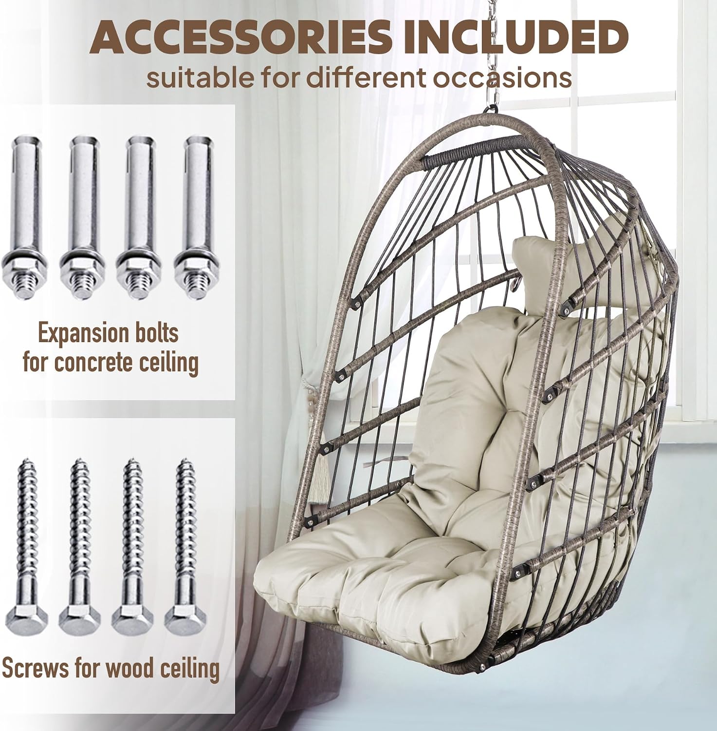 Chihee Egg Chair Foldable Wicker Rattan Hanging Swing Chair Indoor Outdoor Patio Wicker Chair Hammock Chairs with Stainless Steel Hanging Kit Chain Link UV Resistant Cushion Bedroom Balcony