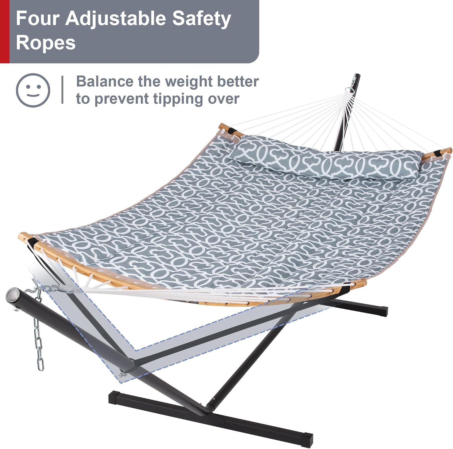 Double Hammock with Stand Included, Portable Hammock with Curved Spreader Bar, Pillow and Carrying Bag, 450 Lbs Capacity, Grey Pattern