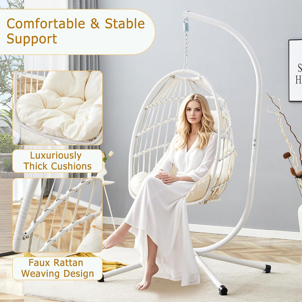 Egg Chair with Stand – Faux Rattan Wicker Hanging Hammock Chair, Soft Cushions & Pillow, Titanium Alloy Frame, UV-Resistant, All-Weather, Easy Assembly, 350 lbs Capacity for Patio, Garden, Balcony