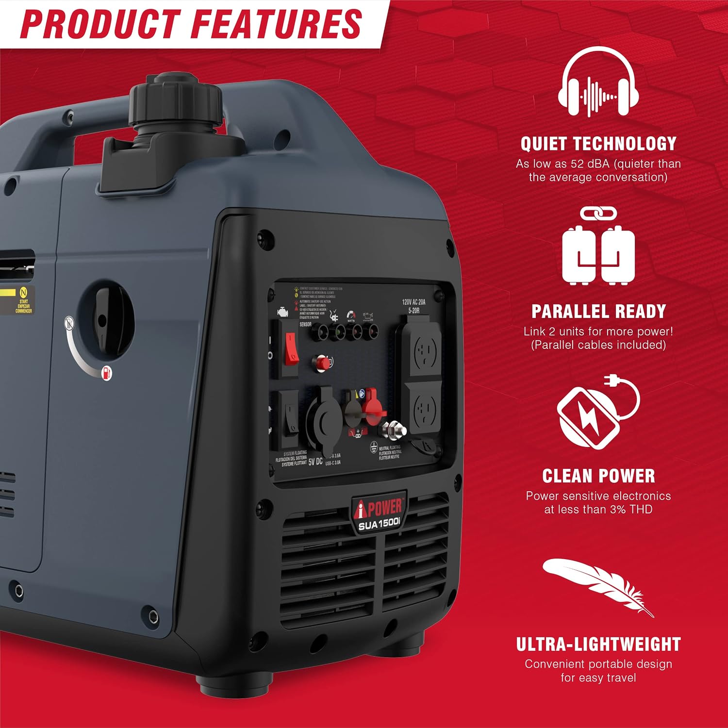 A-iPower 1500 Watt Quiet Portable Inverter Generator Gas Powered, Small Ultra Lightweight Quiet Generator for Camping, Tailgating, Home Backup, Emergency, EPA & CARB Compliant, CO Sensor (SUA1500i)
