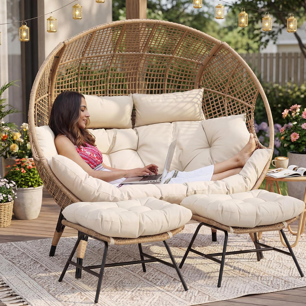 NICESOUL Modern Double Egg Chair with Footrest & Padded Cushions, 2 Person Wide Wicker Lounge Chair with Deep Seating, 57.1' Extra Large Stationary Loveseat Cozy Cream Chairs for Inside Outside