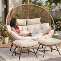NICESOUL Modern Double Egg Chair with Footrest & Padded Cushions, 2 Person Wide Wicker Lounge Chair with Deep Seating, 57.1' Extra Large Stationary Loveseat Cozy Cream Chairs for Inside Outside