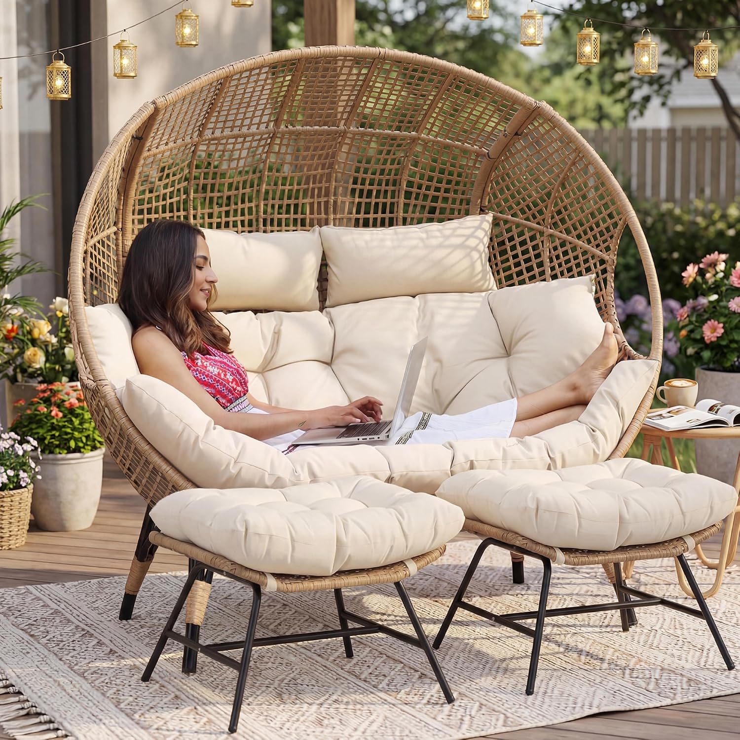 NICESOUL Modern Double Egg Chair with Footrest & Padded Cushions, 2 Person Wide Wicker Lounge Chair with Deep Seating, 57.1' Extra Large Stationary Loveseat Cozy Cream Chairs for Inside Outside