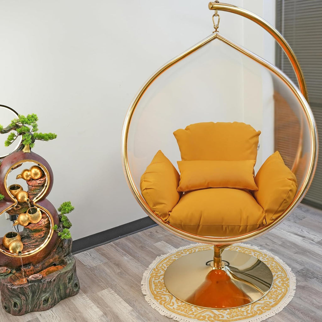 Hanging Chair - Transparent Acrylic Bubble, Waterdrop Shape, Indoor Swing Chair with Gold/Chrome Stand, Durable Fabric Cushion - Luxury Accent for Living Room, Bedroom (Gold/Yellow)