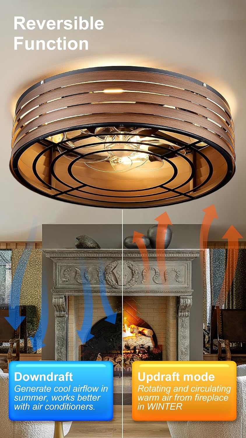 20'' Flush-Mount Ceiling Fan with Light and Remote, Reversible Motor, Perfect for Bedroom, Living Room, Kitchen, Outdoor Gazebo, Patio, Low-Profile Design Cage (Black Walnut)