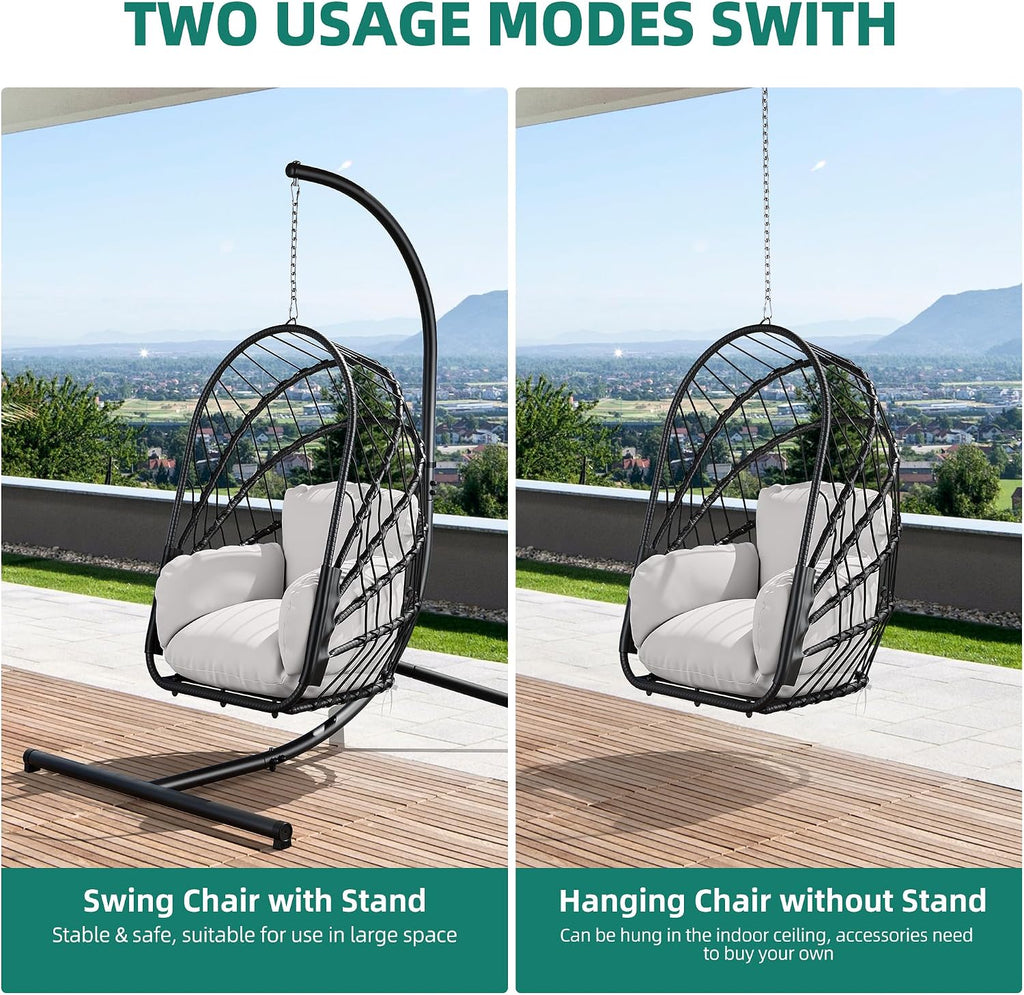 YITAHOME Hanging Egg Chair with Stand, Rattan Wicker Swing Egg Chair with Cushion, 350lbs Capacity, Foldable Hanging Rattan Basket Chair for Porch, Garden, Bedroom, Balcony, Grey