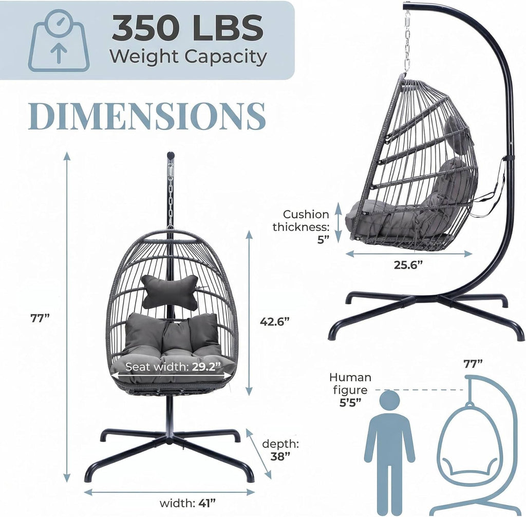 NICESOUL Egg Chair Outdoor Indoor, Cozy Patio Wicker Swing Hanging Chair with Stand, All Weather Hammock Egg Shaped Chairs with Cushions, 350lbs Pounds Sturdy Porch Swing for Backyard with Cover