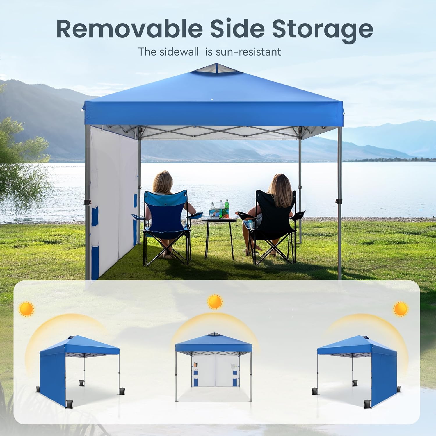 PHI VILLA Canopy Tent 10x10 Pop Up Canopy Outdoor Shade with Pockets Sidewall, Easy Up Sun Shelter with One Person Set Up Center Lock, Portable Instant Camping Beach Canopy Tents, Blue