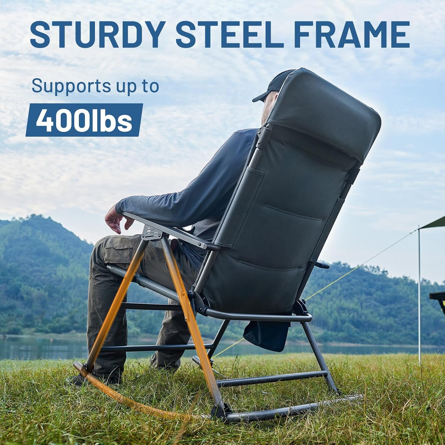 Timber Ridge Oversized Folding Rocking Camping Chair, Padded Outdoor Rocker with High Back, Portable Outdoor Chair for Patio, Garden, Lawn, Supports up to 400 lbs, Blue