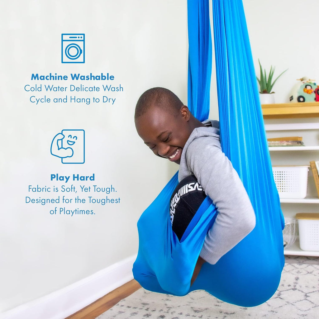Harkla Sensory Swing for Kids & Adults - Holds 300lbs, Indoor Outdoor Sensory Swing for Hug Like Calming Effect - Durable Soft Stretch Fabric and Heavy Duty Hardware (Blue, 100' Swing + 5' Swivel)