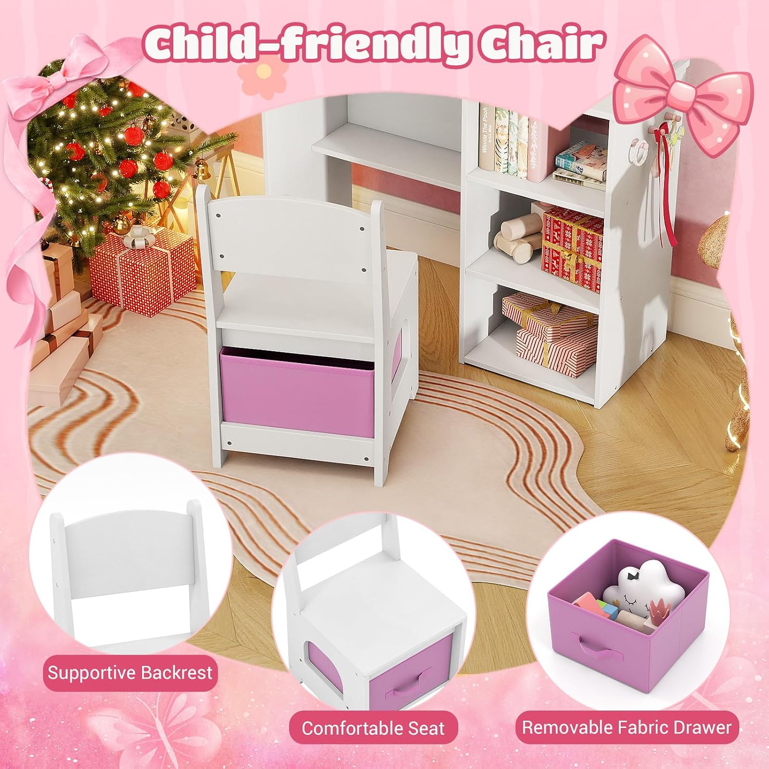 Costzon Kids Vanity with Lights, Girls Vanity Set with Mirror, Storage Drawer, Hooks & Shelves, Toddler Makeup Vanity Desk Dressing Table, Wooden Kids Vanity Table and Chair Set (White)