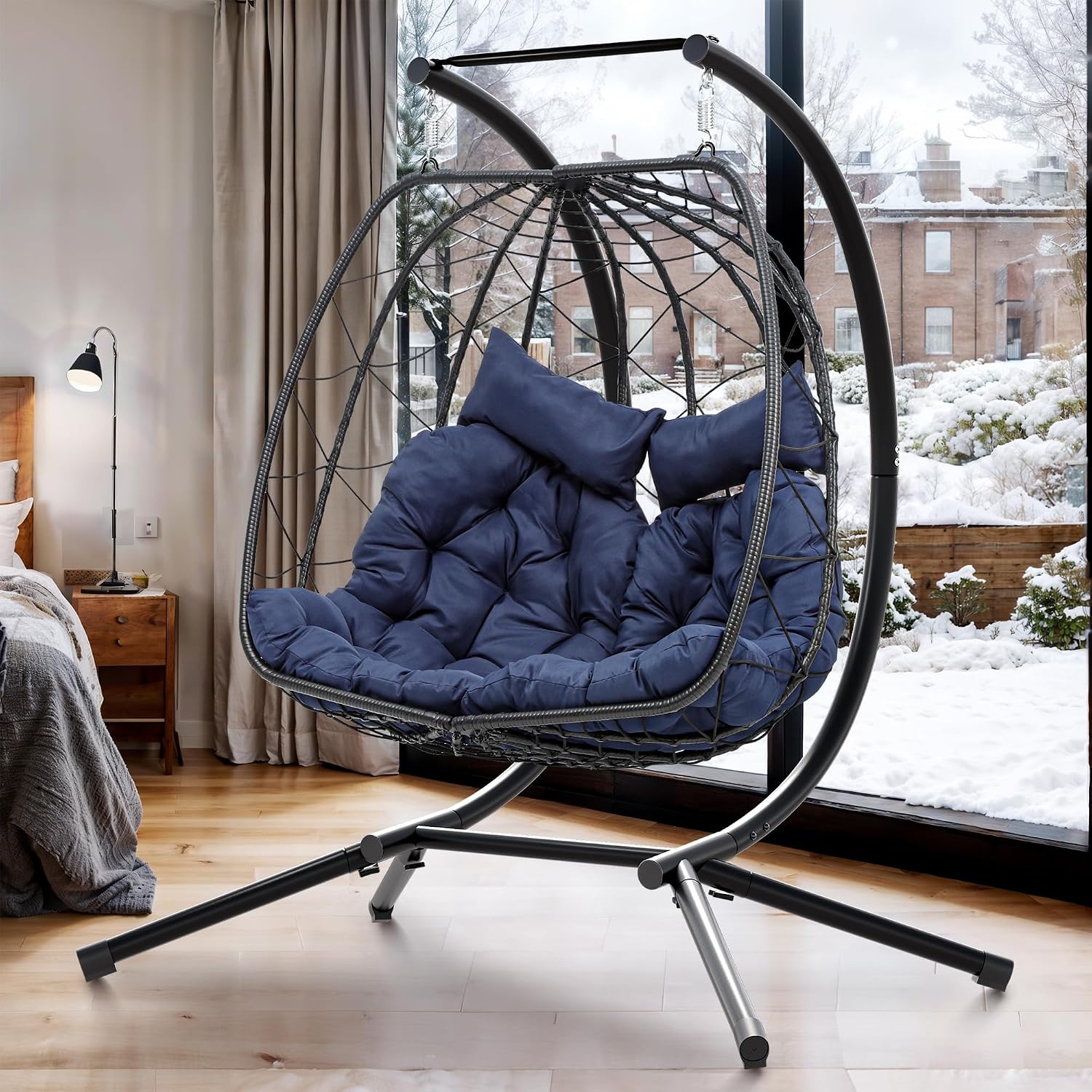 YITAHOME Hanging Egg Swing Chair with Stand Double Egg Chair 2 Person Wicker Chair Indoor Outdoor Hammock Egg Chair with Cushions 500lbs for Patio, Bedroom, Garden and Balcony, Navy Blue