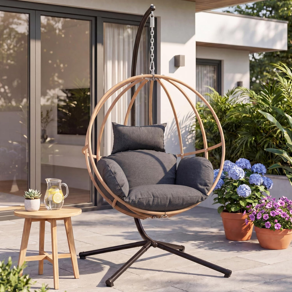 Hanging Egg Chair with Stand, Egg Swing Chair Outdoor for Balcony, Patio Hanging Egg Chairs with Cushions for Relaxation in Bedrooms, Gardens, Black