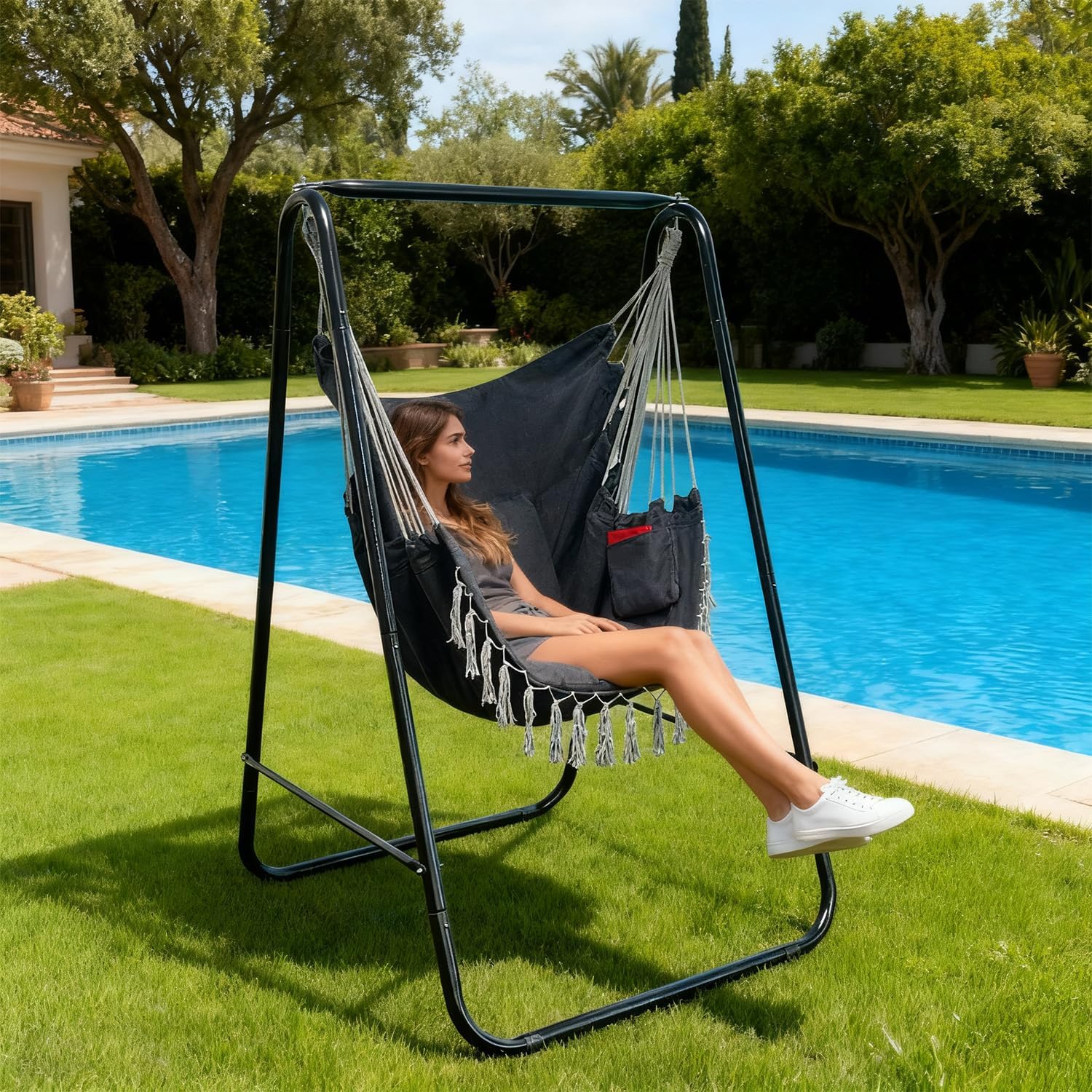 Hammock Chair with Stand,Heavy-Duty Hammock Stand with Large Indoor Swing,MAX Load 500 LBS,Hanging Chair with Stand for Indoor Outdoor,Swing Chair with 2 Cushions Included(Dark Grey)