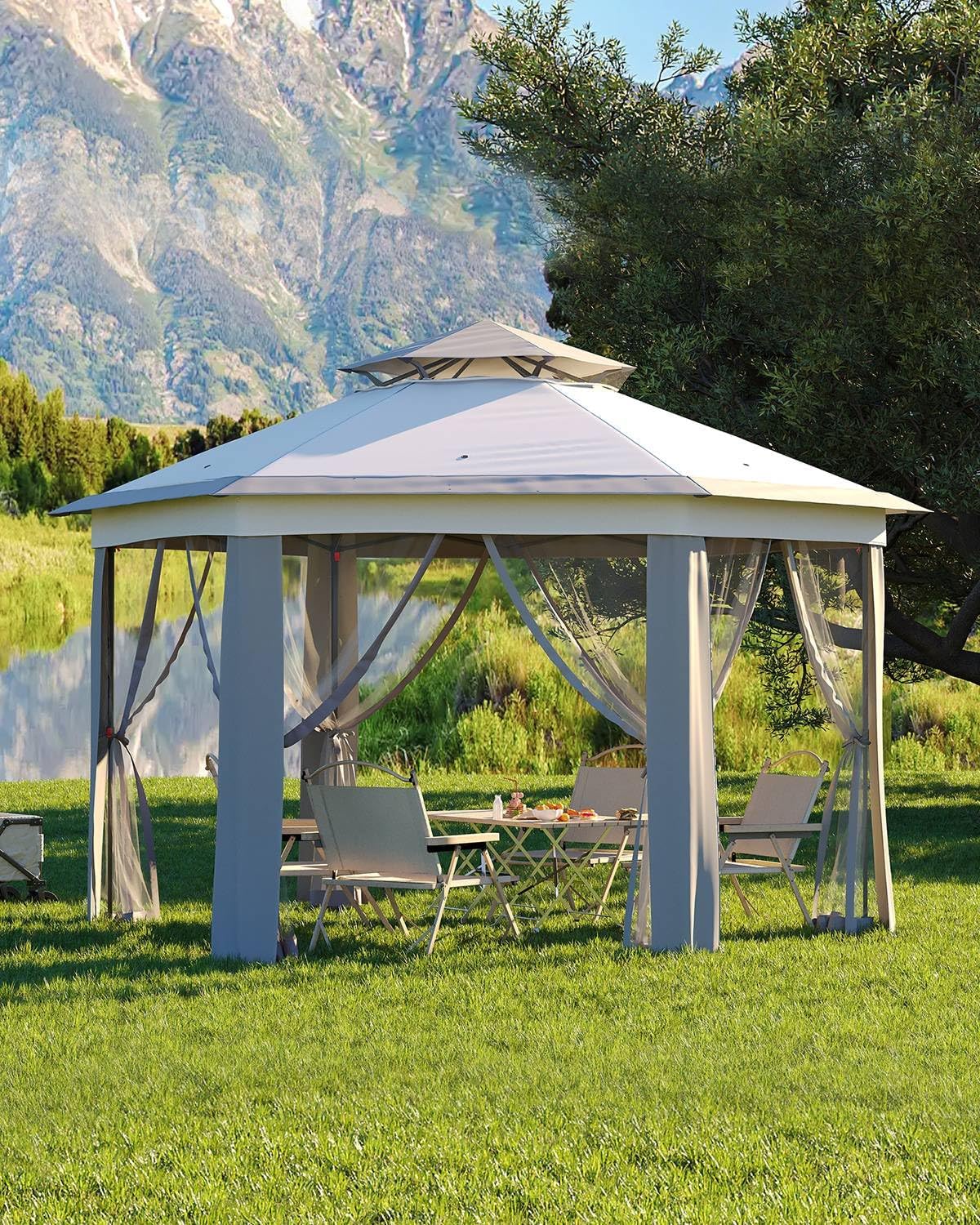 Pop Up Gazebo 13x13, Outside Canopy Tent-6 Side with Mosquito Netting, One Push Setup for Backyard Patio Garden Activities-Gray