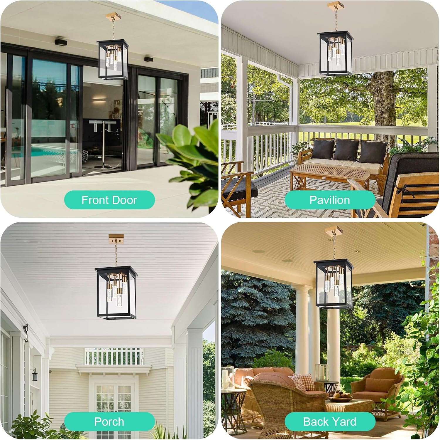 Yaohong Large 5CCT LED Outdoor Pendant Lights for Porch, 4-Lights Modern Black and Brushed Brass Hanging Ceiling Fixture with Acrylic Column & Clear Glass, Weatherproof Chandelier for Foyer Gazebo