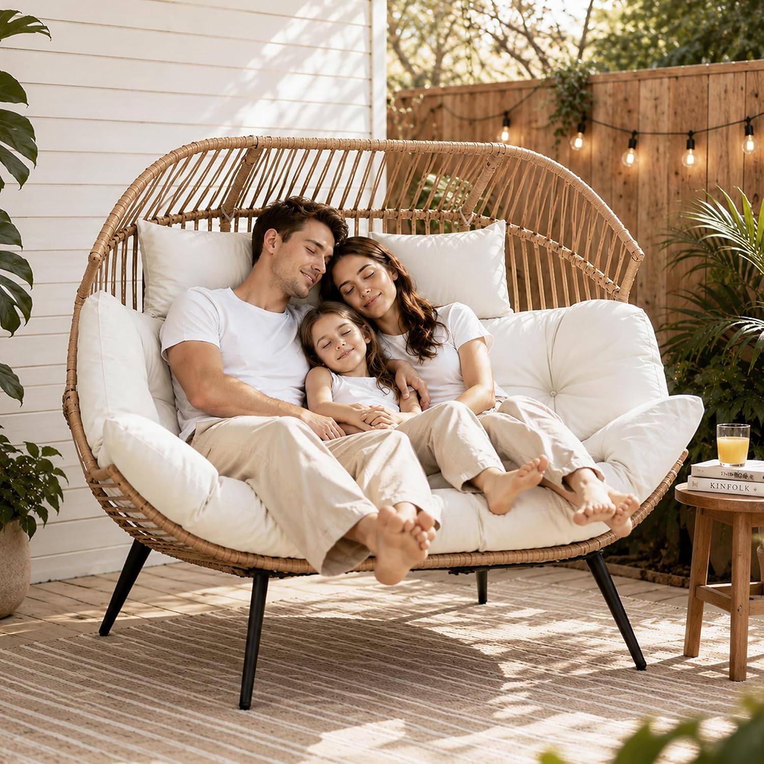 Shintenchi Double Egg Chair Outdoor Rattan Patio Chair with Cushion, Oversized 2 Person Patio Lounge Chairs with Cushion Egg Basket Chair, Egg Seat Indoor Living Room Bedroom Patio Backyard Balcony