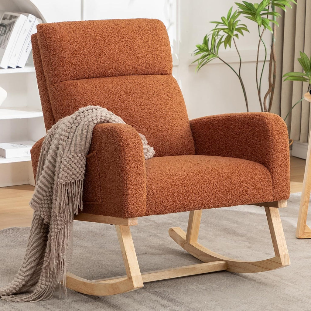 HCHAIRH Rocking Chair Nursery, Sherpa Nursing Rocking Chairs, Upholstered Nursery Glider Rocker for Mom Nursery Morden Accent Rocking Chair with Side Pocket for Living Room,Bedroom,Teddy Brown