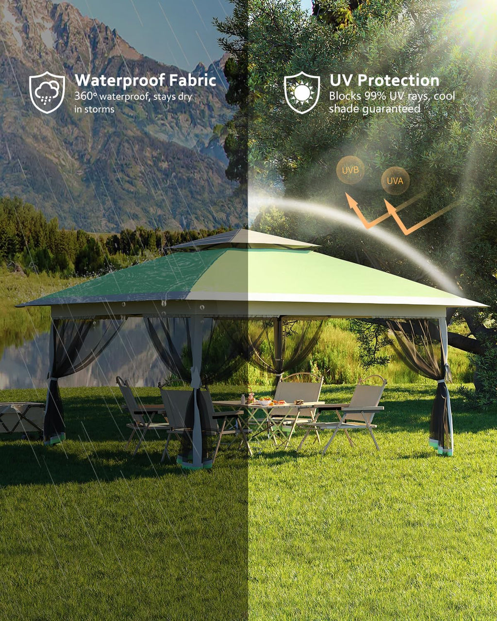 13x13 Canopy Tent, Pop Up Gazebo with Mosquito Netting, Outdoor Gazebo with 4 Sandbags & Wheeled Bag, pop up Canopy for Backyard & Patio Furniture, Patio, Deck