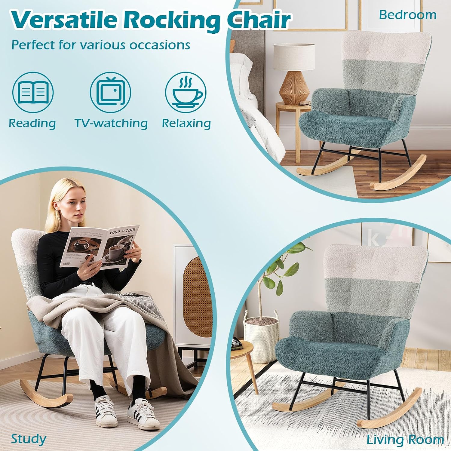 Giantex Nursery Rocking Chair Set of 2, Boucle Upholstered Glider Rocker Accent Chair w/Ergonomic High Backrest, Rubber Wood Legs & Side Pocket, Modern Armchair for Living Room, Bedroom, Striped Green