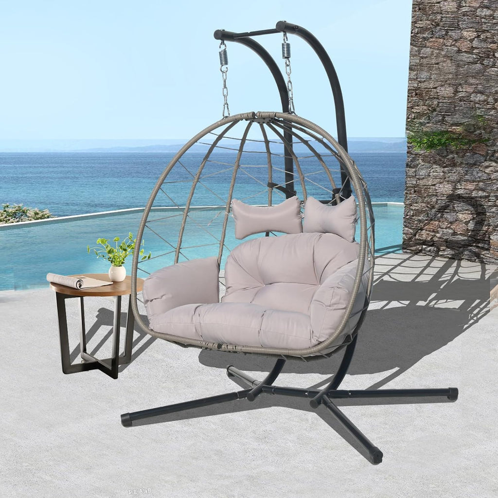 Double Egg Chair Outdoor, 2 Person Hanging Egg Chair with Stand, Patio Wicker Egg Swing Chair for Garden, Backyard, Balcony, 600Lbs Heavy Duty, Grey