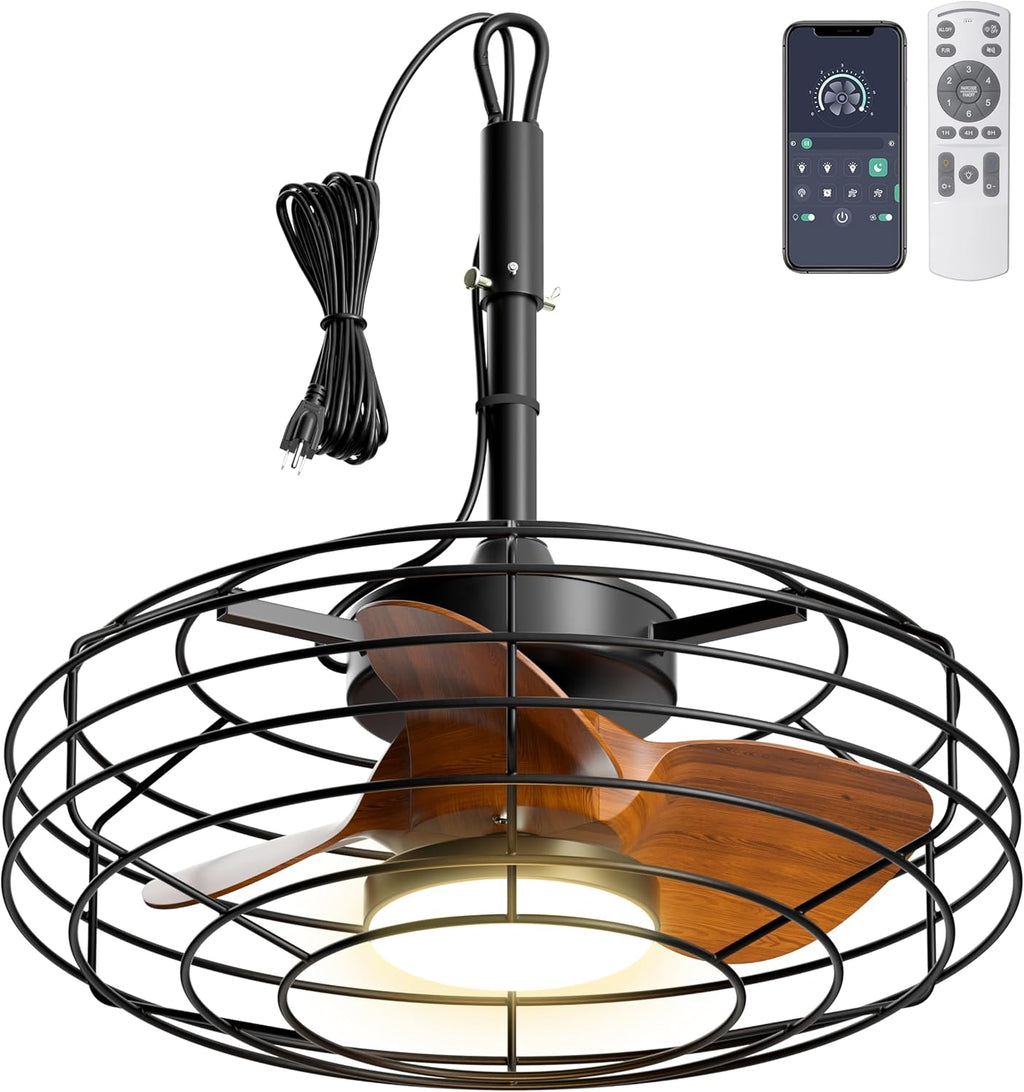 Coolbull Plug and Play Outdoor Ceiling Fans with Lights, 20'' Wet Rated Gazebo Fan Remote/APP Control, Dimmable Hanging Fan for Patio Pergola, Wood Color