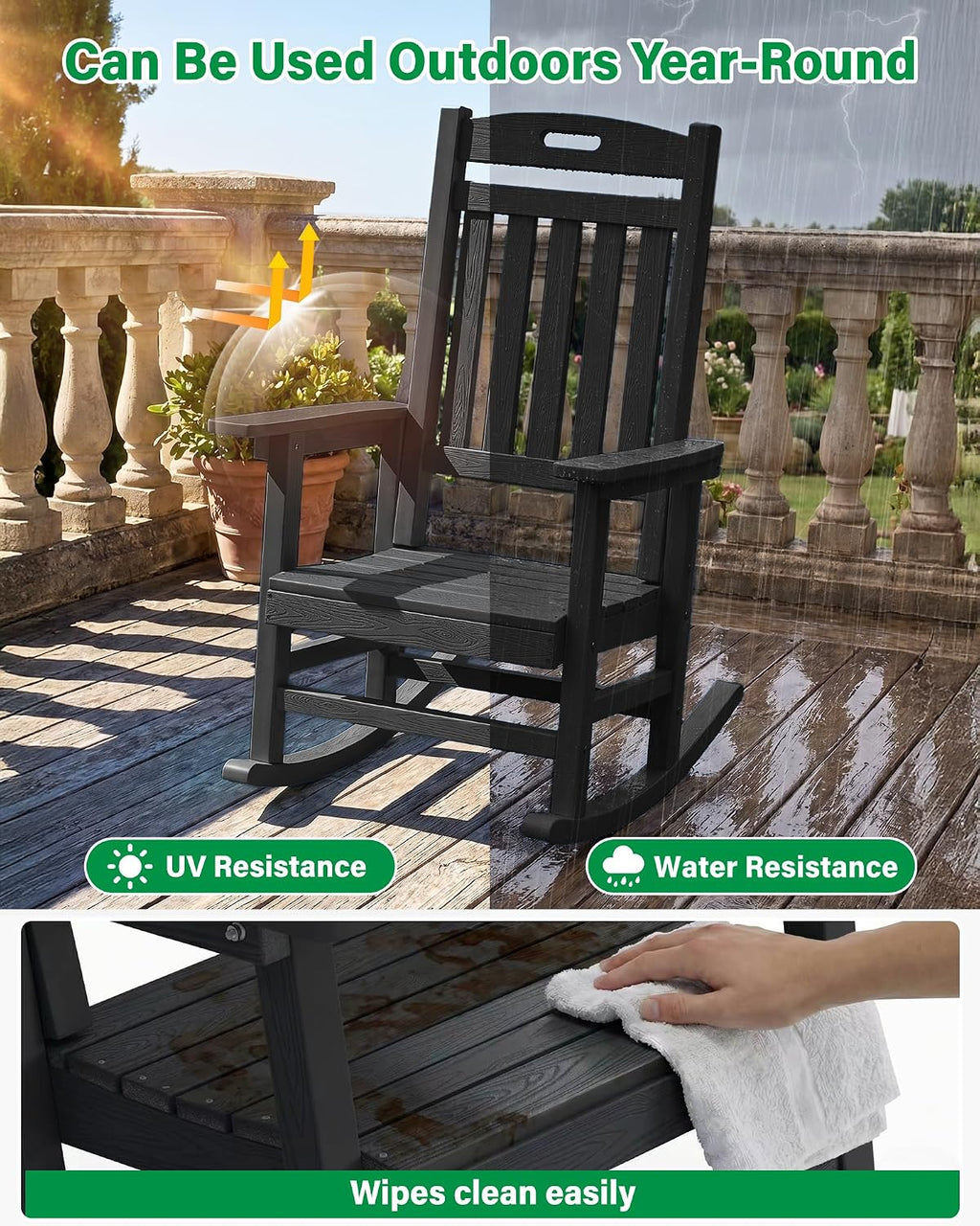 YEFU Outdoor Rocking Chairs Set of 4: Patio Rocking Chair for Adult, Outdoor Rocker Weather Resistant, Easy to Assemble, Safe&Comfortable, Black