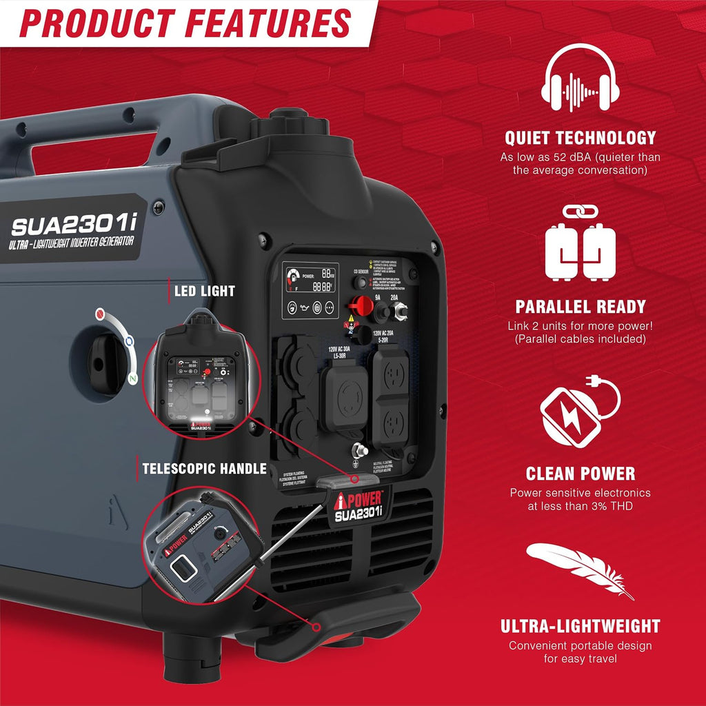 A-iPower Portable Inverter Generator, 2300W RV Ready, EPA & CARB Compliant CO Sensor, Portable Ultra-Light Weight For Backup Home Use, Tailgating & Camping (SUA2301i)