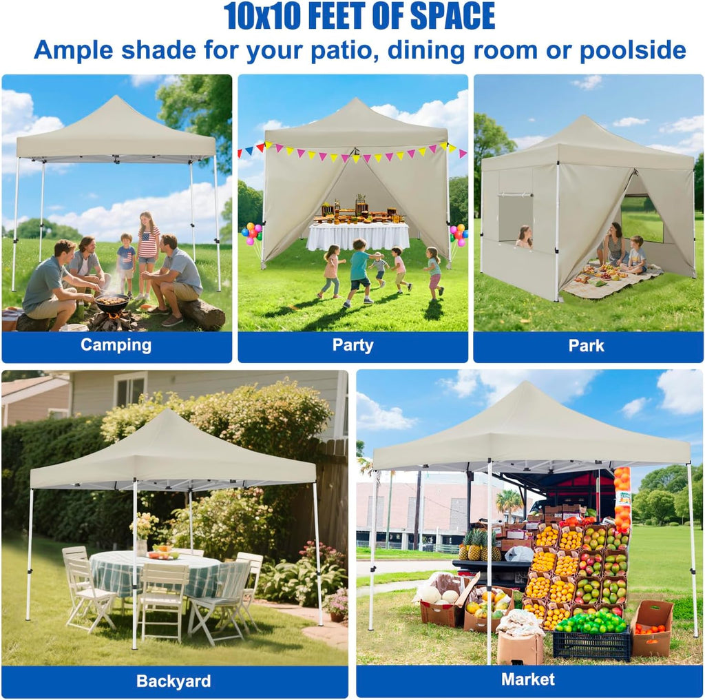 Yesker 10x10 Pop Up Canopy Tent with 4 Sidewalls Portable Folding Outdoor Canopy Easy Setup Gazebo Waterproof Instant Shelter Tent w Wheel Carry Bag sandbag for Events Parties Camping, Khaki Brown