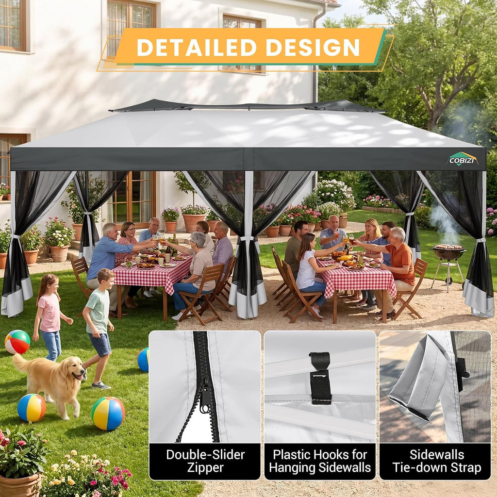 COBIZI 10x20 Pop Up Gazebo with Mosquito Netting Sidewalls, One Push Easy Up Canopy with Dual Vent Roof, Waterproof&UV 50+ Screen Tents for Parties, Backyard, Patio, Commercial Event, Light Gray&Gray